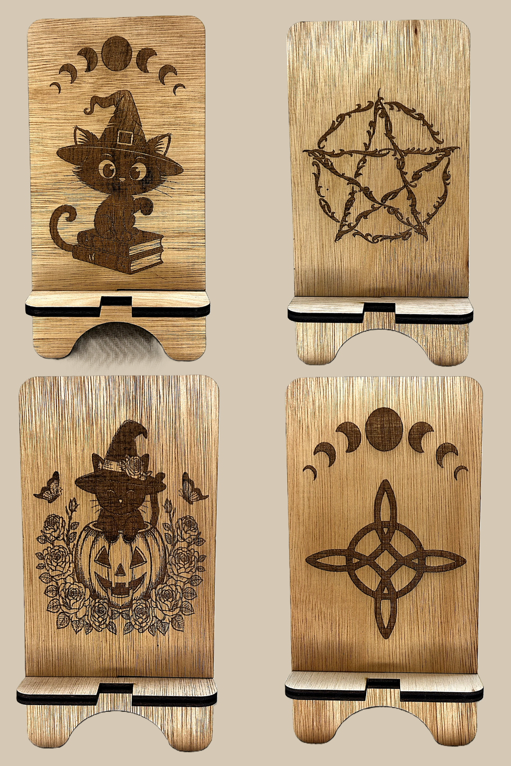 Support de téléphone en bois design mystique et ésotérique au choix